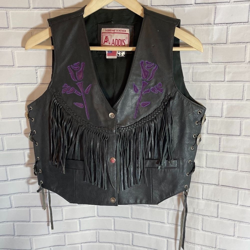 Addis VTG Black‎ Leather Rose/Fringe Vest S…